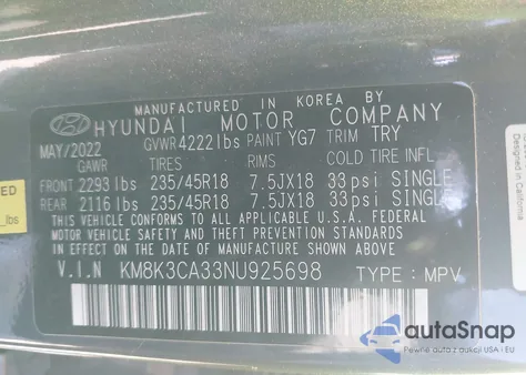2022 Hyundai Kona N Line z USA, uszkodzony, nr VIN KM8K3CA33NU925698
